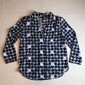 Ann Taylor Women's Blue, Black White Leaf Pattern V-neck Long Sleeve Top XXSP